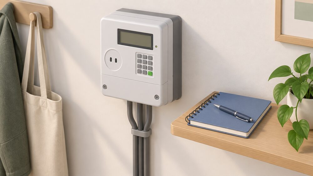 A domestic electricity meter mounted on an indoor wall, with a closed notebook and a pen resting on a small shelf beside it, suggesting a household taking a meter reading at the moment their supplier changes.