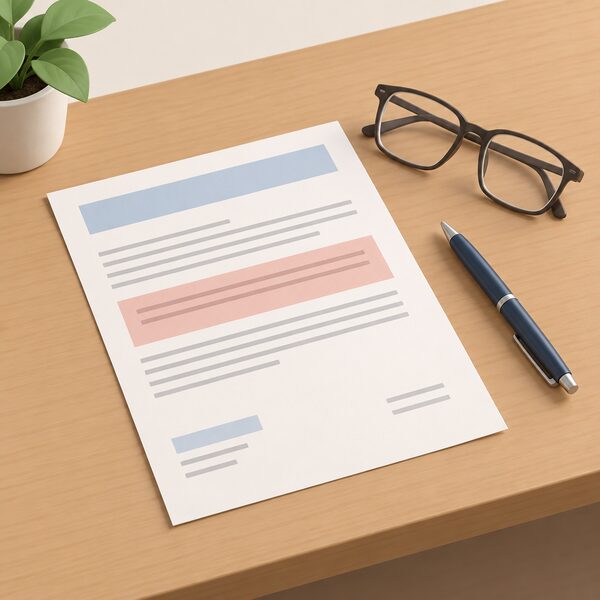 A plain letter lying on a wooden desk, shown as a physical object with its content rendered only as blank lines and plain colour bands, beside a pen and a pair of reading glasses, with no readable words or figures anywhere on the page.