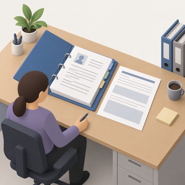 A supplier's office desk scene showing a customer record file open on the desk, with a written decision record form beside it carrying blank lines and plain blocks for the justification and evidence of why additional support credit was assessed as unsuitable, kept in the file.