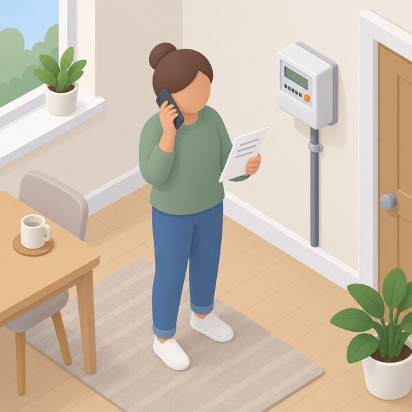 A householder at home telephones their energy supplier, holding a note about their prepayment meter situation, with the prepayment meter visible on the wall nearby as they explain their circumstances and ask for additional support credit.