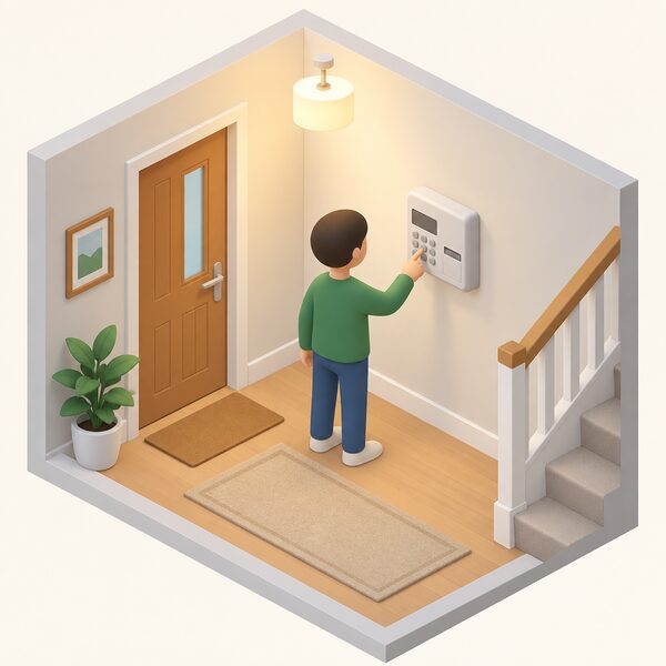 A small isometric figure stands in a home hallway beside a wall-mounted prepayment meter, pressing its keypad, with the meter's display and slots shown as plain blank blocks and the supply keeping the home's lights on.