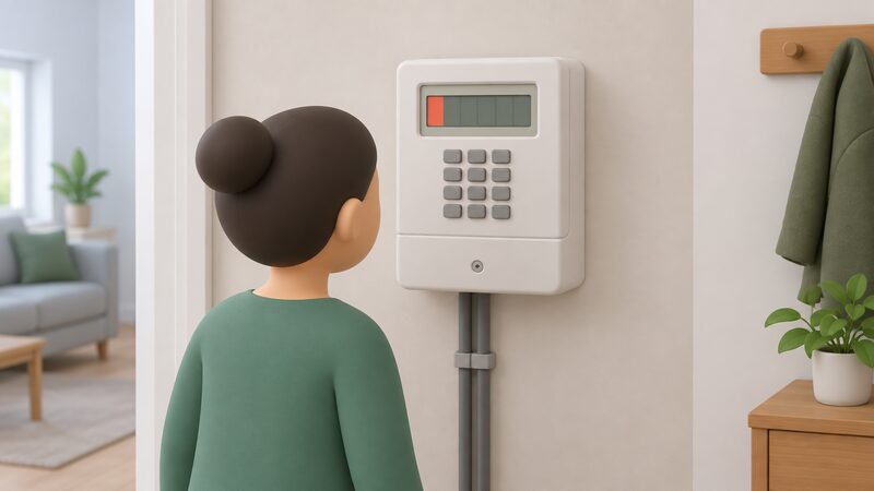 A domestic prepayment electricity meter mounted on an interior wall, shown close up with its keypad and a plain low-credit warning band on its display, beside a simplified figure looking at it.