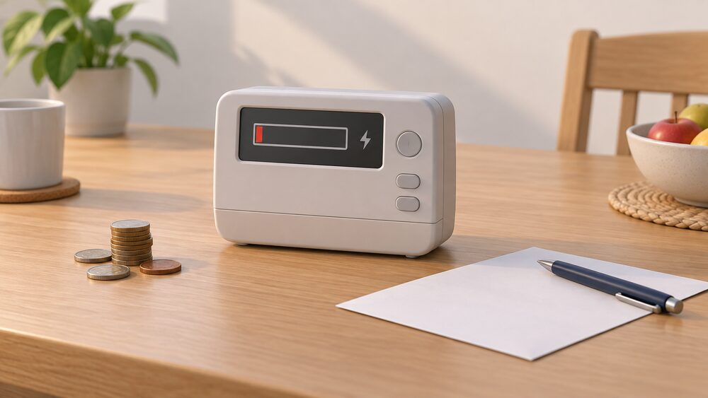 A domestic prepayment energy meter with its display showing near-empty credit stands on a kitchen table beside a blank letter, a pen and a small stack of coins, the moment a vulnerable customer seeks emergency credit.
