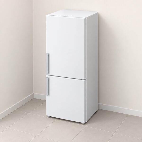 A plain kitchen corner with a single upright fridge-freezer standing against the wall, its door closed, drawn as a simple white goods appliance of the kind a hardship fund might replace, with no people or other equipment in the scene.