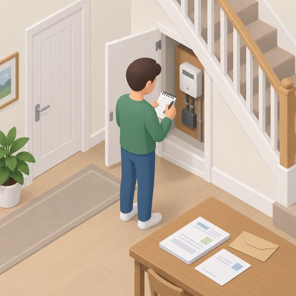A simplified isometric figure stands at an open under-stairs meter cupboard in a domestic hallway, writing a reading from a domestic electricity meter on a notepad, with the application form and supporting papers laid on a nearby table ready to be sent.