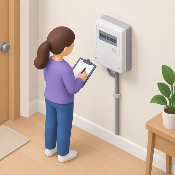 A domestic electricity meter mounted on a plain interior wall, its digital display showing the current reading as blank character blocks, with a small isometric figure standing beside it noting the reading on a clipboard to fix the balance for a hardship fund application.
