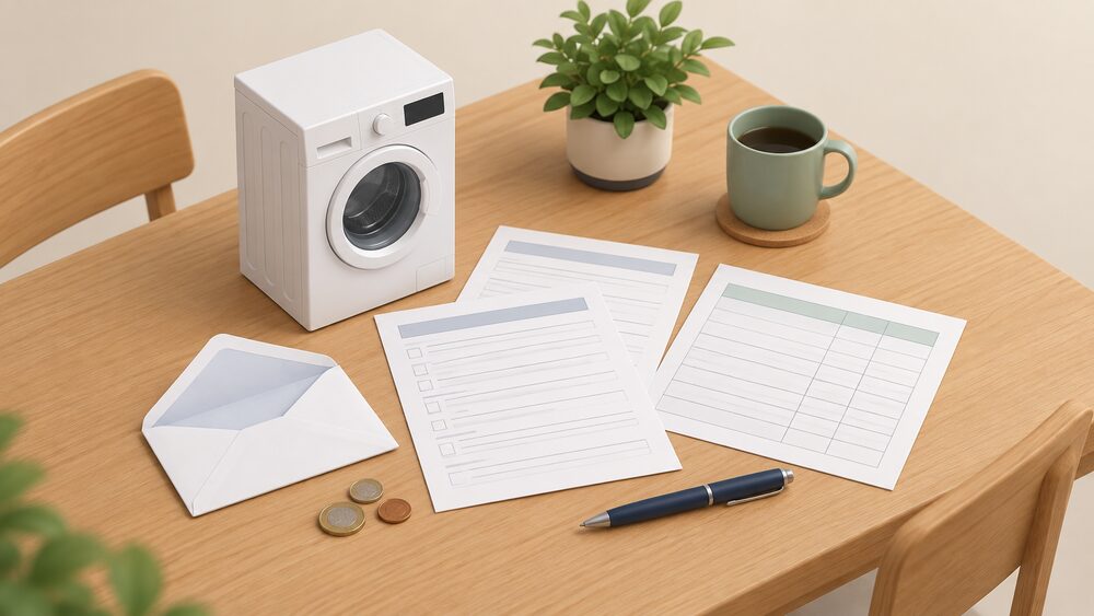 A kitchen table seen from above with blank application forms and a budget planner sheet, an open envelope, a pen, a few coins, and a small model of a washing machine standing beside the paperwork to represent the appliance a hardship fund grant could pay for.