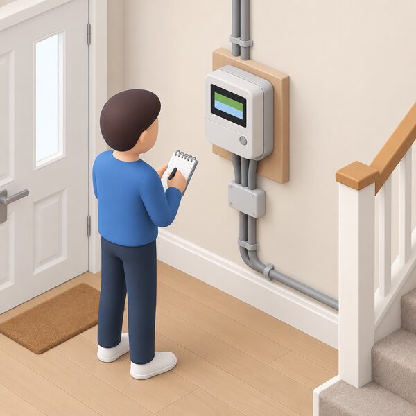 A domestic electricity meter mounted on an interior hall wall, still wired and in place, with its display showing plain colour bands and a small simplified figure standing nearby taking a reading, conveying that the supply continues unchanged after the supplier fails.