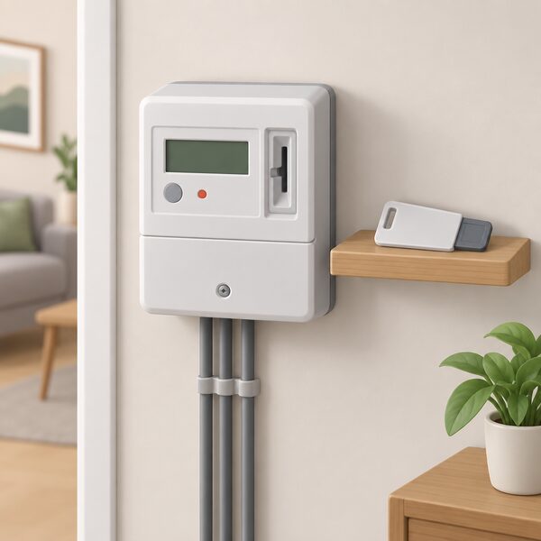 A domestic prepayment electricity meter mounted on a wall, with its top-up card or key resting on a small shelf beside it, showing the equipment households use for top-ups and emergency credit.
