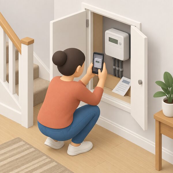 A householder crouching beside an electricity meter in a hall cupboard, reading the display and holding a phone up to photograph it, with a paper bill tucked nearby as a record.