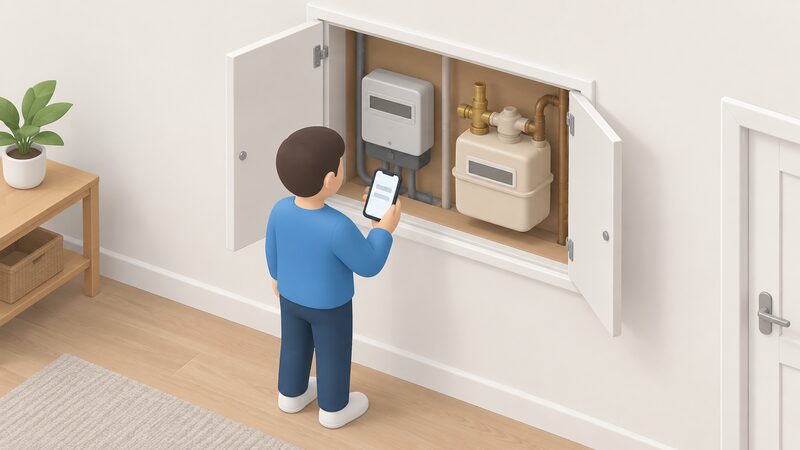 A simplified isometric figure stands at an open household meter cupboard containing an electricity meter and a gas meter, holding a phone to record the two meter readings, with blank display blocks on each meter and no readable figures.
