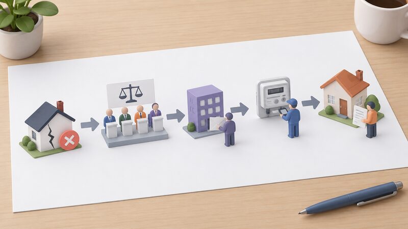 A simple flow diagram drawn as a printed sheet on a table, showing a failing supplier's house at one end, an arrow through an Ofgem selection stage with several bidding companies, an appointed supplier sending a letter to the house, and a meter reading step in the middle of the sequence.