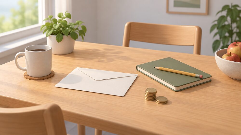 A kitchen table in daylight with a blank letter from a new supplier, a closed notebook with a pencil resting on it, and a small stack of coins, arranged as the moment a household records its meter reading and waits for the appointed supplier to make contact.