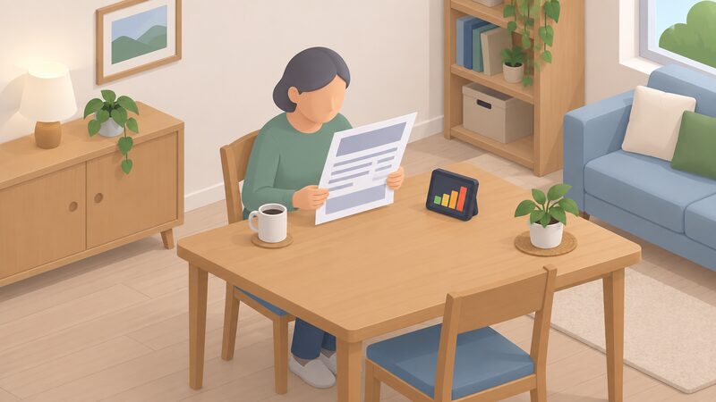 A householder seated at a table in their home reads a large-print energy bill, with a smart meter in-home display standing on the table beside them showing simple plain bars.