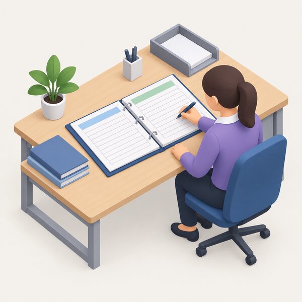 A supplier's office desk with an open Priority Services Register shown as a physical bound record folder, its pages filled with blank ruled lines and plain colour bands, beside a small isometric staff figure adding a customer entry, with no readable words or numbers anywhere.