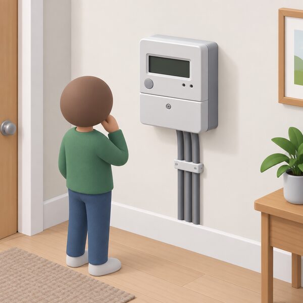 A domestic prepayment electricity meter mounted on a wall inside a home, its display dark and blank because the credit has run out, with a small simplified figure standing beside it looking at the unlit meter.