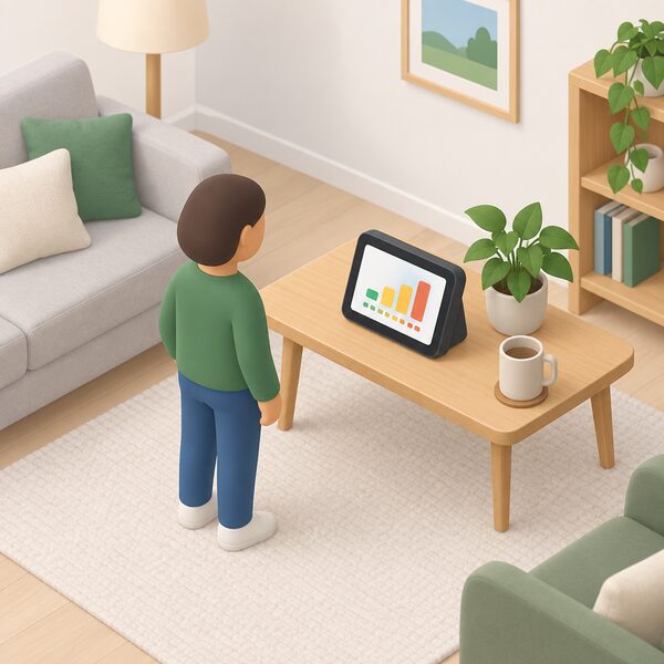 A small isometric figure stands in a home living room beside a table on which sits an in-home display, its screen showing simple plain colour blocks and bars with no readable words or numbers, making the household's energy use legible at a glance.