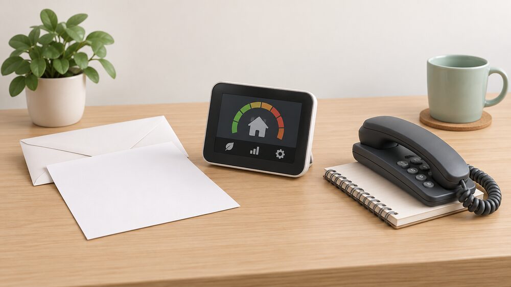 A small tabletop arrangement showing an accessible in-home display unit standing beside a blank letter and envelope, with a telephone handset resting on a notepad, representing the practical support a household receives after joining the Priority Services Register.