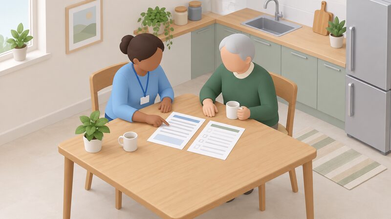 A carer and an older account holder sit together at a kitchen table reviewing an energy account, with a paper bill or statement and a third-party authority form laid out between them as they discuss it.