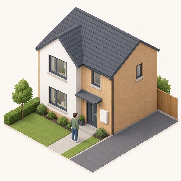 A modern newly built house exterior with a flush-mounted external electricity meter box on the front wall beside the front door, the meter box door closed, with a small simplified figure of a new owner standing on the path looking at the home.