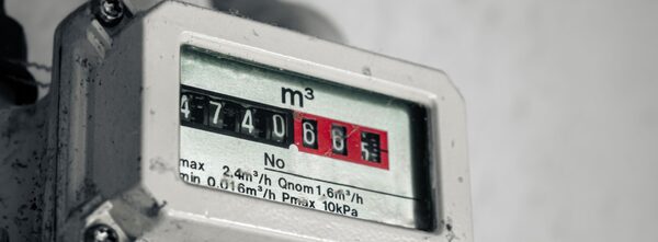 A close-up of a mechanical gas meter displaying a reading in cubic metres