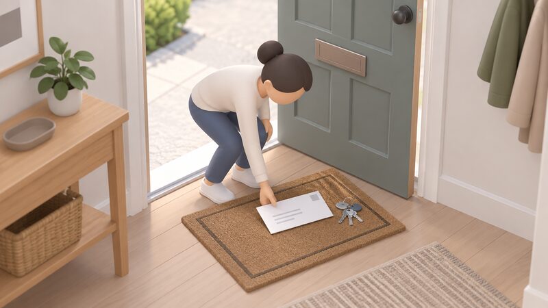 A plain envelope lying on a doormat just inside a front door, addressed only to The Occupier, beside a set of house keys, with a simplified figure of a new resident bending to pick it up.