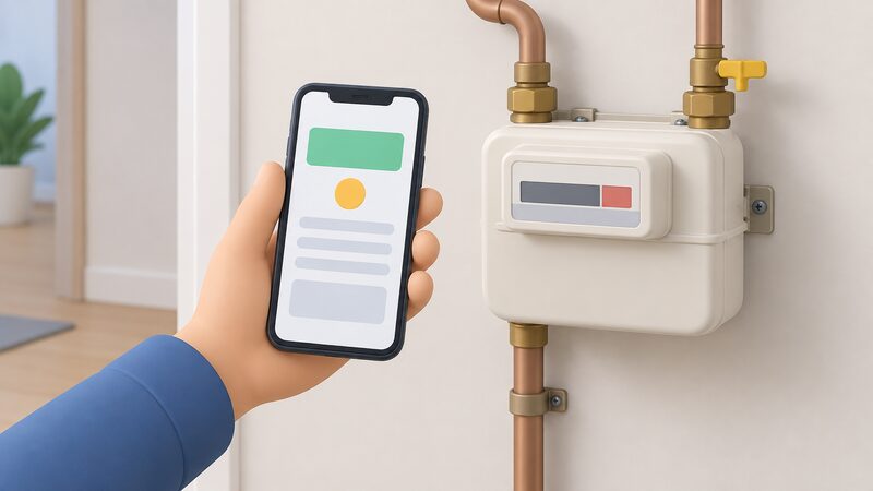 A simplified figure's hand holds a phone displaying a plain lookup result screen, held beside a domestic gas meter installed on an inside wall of the home, showing that a postcode alone identifies the gas supplier for the address.