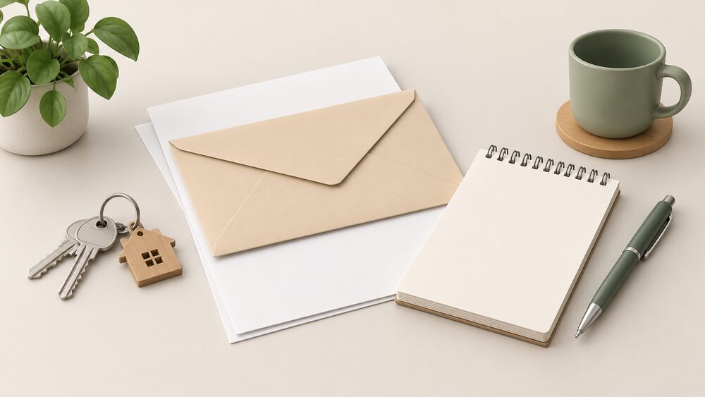 A small tabletop arrangement showing the moment of moving in: a sealed envelope resting on blank paperwork beside a set of house keys, a pen and a small notebook ready for writing down a meter reading.