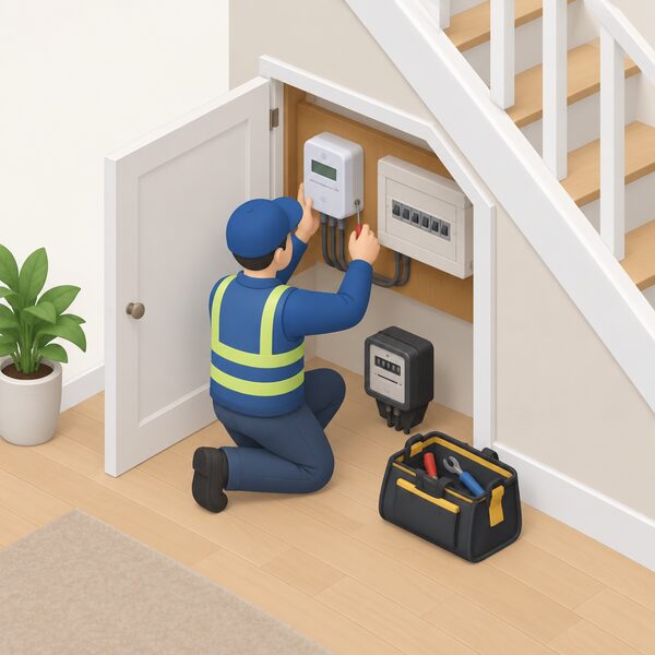 A simplified isometric engineer in plain work clothing kneeling at an open under-stairs meter cupboard, fitting a smart electricity meter onto the wall beside the consumer unit, with the old meter set aside and a tool bag open on the floor.