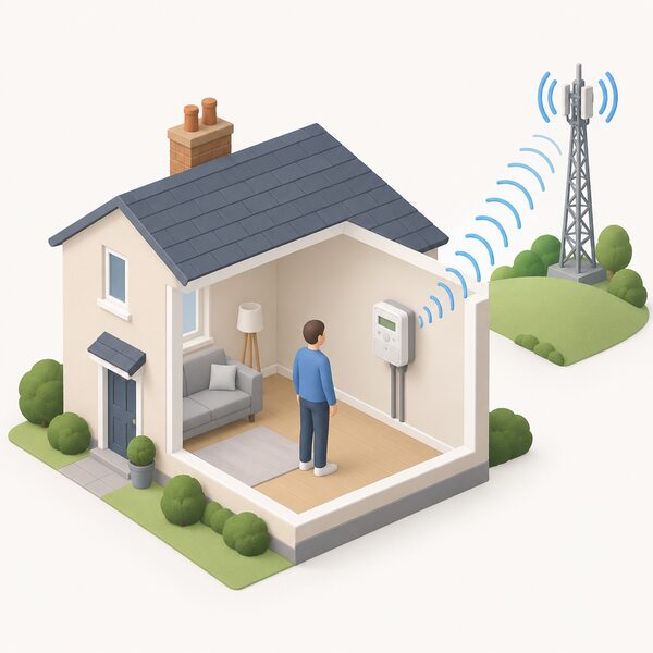 A SMETS2 electricity meter mounted on a household wall, shown in a simple cutaway of the home, with its wireless connection drawn as plain signal arcs reaching a shared central network mast outside so the meter keeps smart functions regardless of supplier.