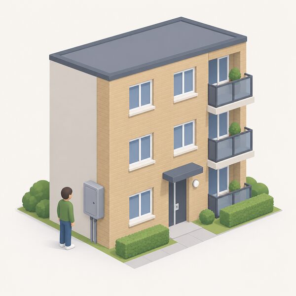 A simplified isometric scene of a communal electricity meter box mounted on the outside wall of a block of flats, with a small figure of a tenant standing beside it looking at the closed box, showing that flat dwellers with an external meter are eligible for a smart meter installation.