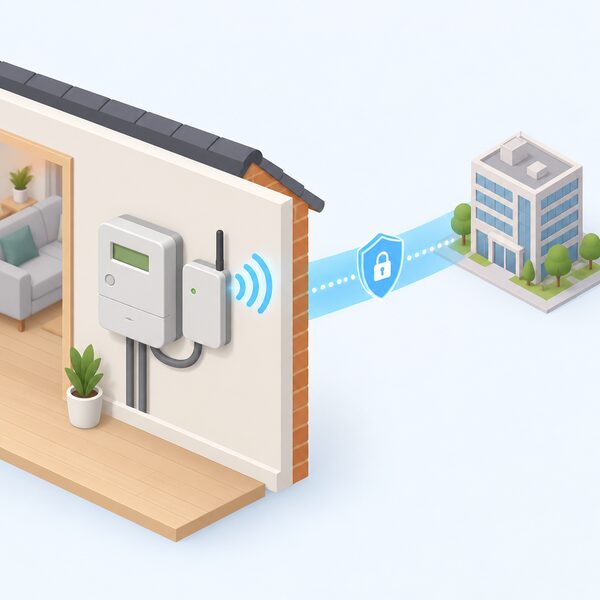 A simplified isometric view of a domestic smart electricity meter with its attached communications unit, shown on an interior wall with a stylised signal path travelling from the communications unit across a plain colour band representing the secure smart data network toward a distant supplier building.