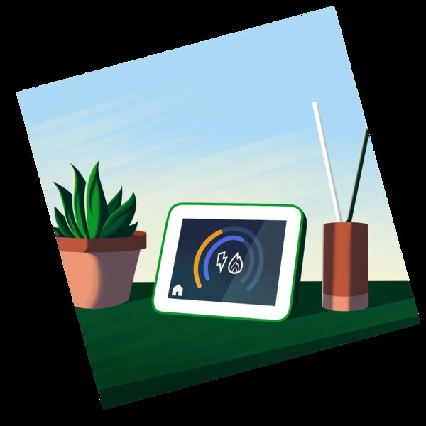 An illustration of a smart energy monitor with a gauge display sitting on a table beside a potted plant and a diffuser