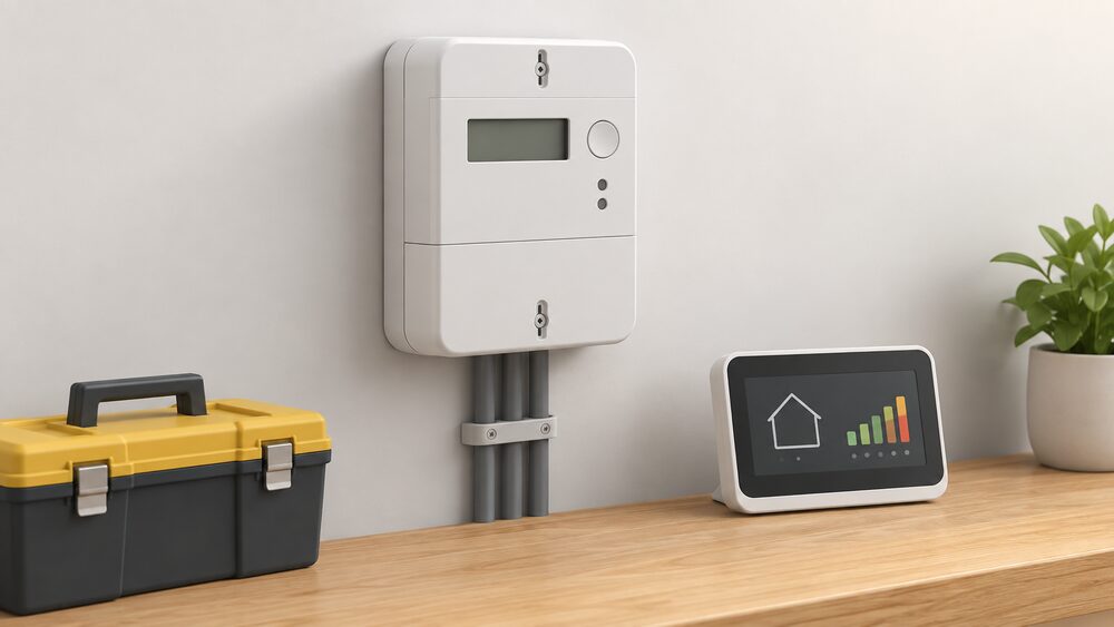A close-up of a new smart electricity meter mounted on an indoor wall, with its cover area intact and an in-home display unit standing beside it on the same surface, connected by nothing visible, with a small toolbox resting nearby.