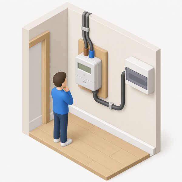 A domestic electricity meter mounted on an inside wall of a UK home, with the incoming supply cables and the cable running on to the consumer unit, all connections intact and a small isometric figure standing beside it checking that everything remains connected.