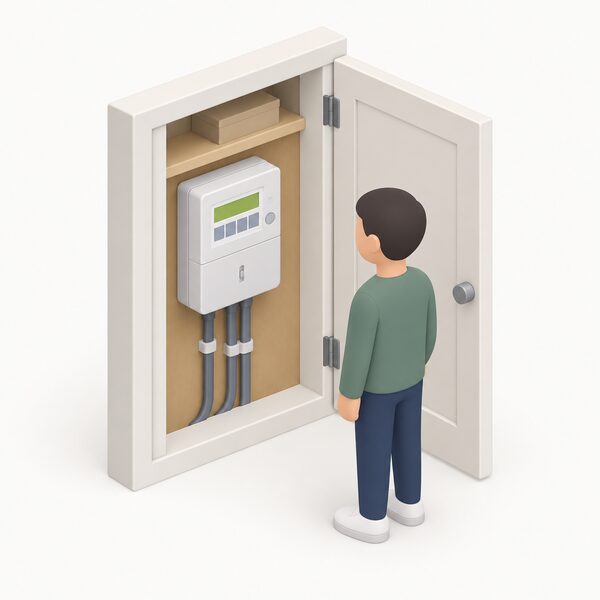 A smart prepayment electricity meter mounted on the wall inside a home's meter cupboard, with a simplified isometric figure standing beside it, showing the meter the new supplier takes over and may remotely switch to prepayment mode.