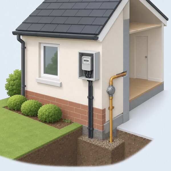 A simple cutaway view of a house exterior showing the incoming electricity supply cable rising from the ground to a meter box on the wall, with the meter and connections intact and untouched, and a gas pipe entering separately.