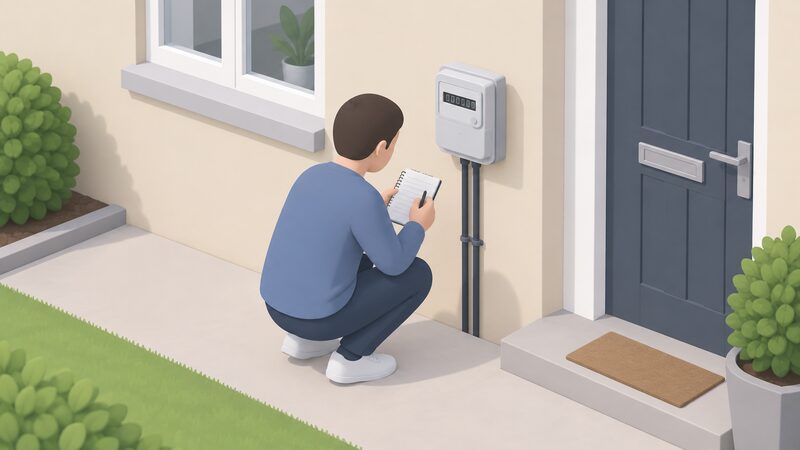 A simplified isometric householder crouching at an electricity meter mounted on an outside wall of a home, writing the meter's display reading into a notebook held in one hand.