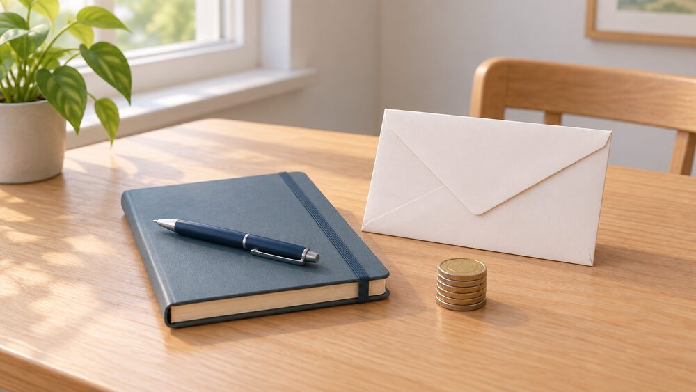 A small kitchen-table arrangement showing the household's own records during a supplier failure: a closed blank notebook with a pen resting on it, a plain sealed envelope, and a short stack of coins beside them, all lit by ordinary daylight from a window.