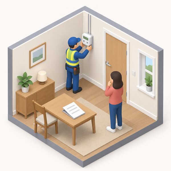 A smart meter being fitted on an inside wall of a rented home, with a small simplified figure of an installer working at the meter while a folded tenancy agreement lies on a nearby table, showing the tenant's choice made after checking the agreement and telling the landlord.