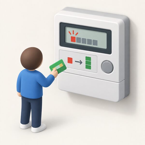 A wall-mounted prepayment meter with its display showing a plain emergency credit indicator, beside a small isometric figure holding a top-up card, with a simple repayment marker on the meter face showing the credit to be paid back at the next top-up.