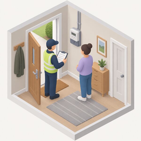 A supplier representative stands at the open front door of a rented home holding a clipboard, speaking with a tenant beside an electricity meter on an interior wall, assessing the household circumstances before any prepayment installation.