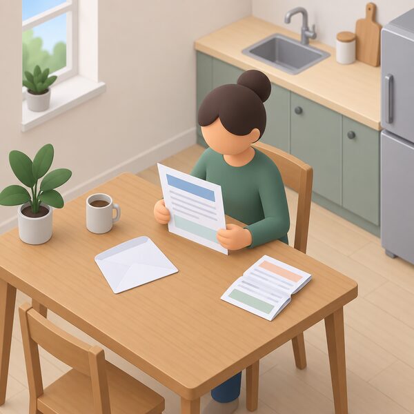 A plain envelope and a printed letter lying on a kitchen table in a rented home, opened by a simplified tenant figure, the letter's content shown only as blank lines and plain colour bands with no readable words, beside a folded energy bill.