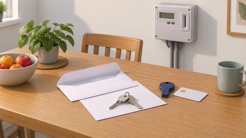 A kitchen table in a rented flat with a blank energy bill envelope lying open beside a prepayment meter key and card, a small electricity meter on the wall behind, and a set of house keys resting on the paperwork.