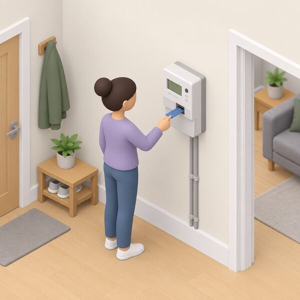 A domestic prepayment electricity meter mounted on an interior wall of a home, shown in its everyday setting with a small isometric figure standing beside it topping up using a key or card.