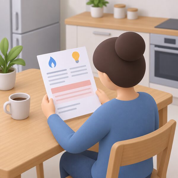 A paper energy bill lying on a kitchen table, held by a simplified figure looking at it, with the balance owed shown only as a plain colour band and blank lines so no readable figures appear.
