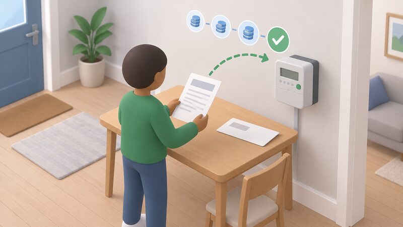A repayment plan letter lying on a table beside a prepayment meter on the wall, with a simplified figure standing between them holding the letter, showing a route to clearing an energy debt without switching supplier.
