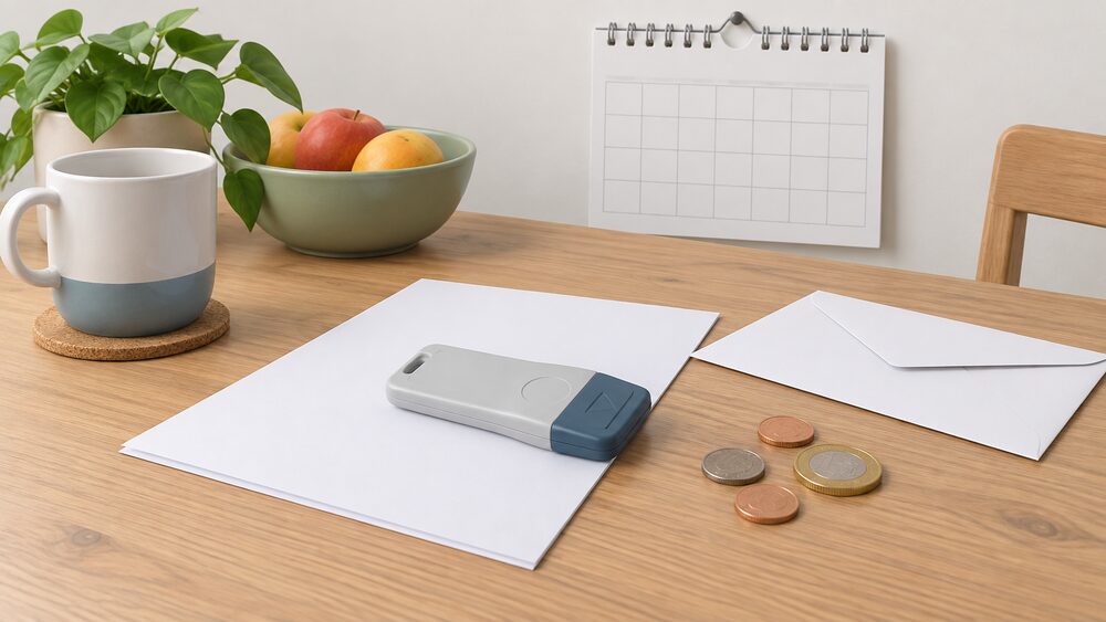 A small kitchen-table arrangement showing a prepayment meter top-up key or card lying on blank paperwork beside a plain envelope and a few loose coins, with a wall calendar behind, suggesting a household settling an energy balance before changing supplier.