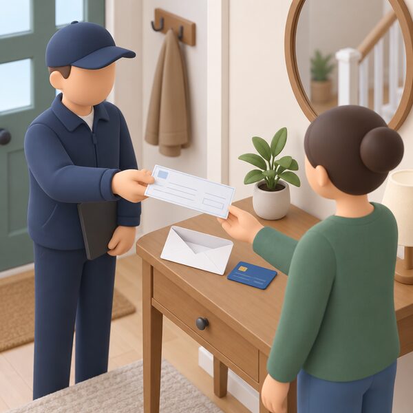A hand holding a blank cheque at a domestic hallway table beside an open envelope and a bank card, showing the compensation payment a supplier must send by cheque or bank transfer within ten working days of agreeing a mistake was made.