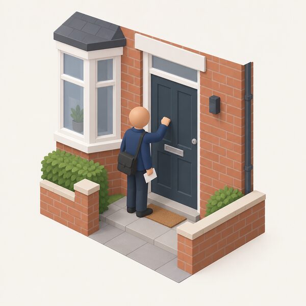 A simplified isometric figure standing outside a closed front door of a terraced house, knocking while an appointment card is held in hand, with nobody home and the door remaining shut, showing the missed access that removes the household's entitlement to a payment.